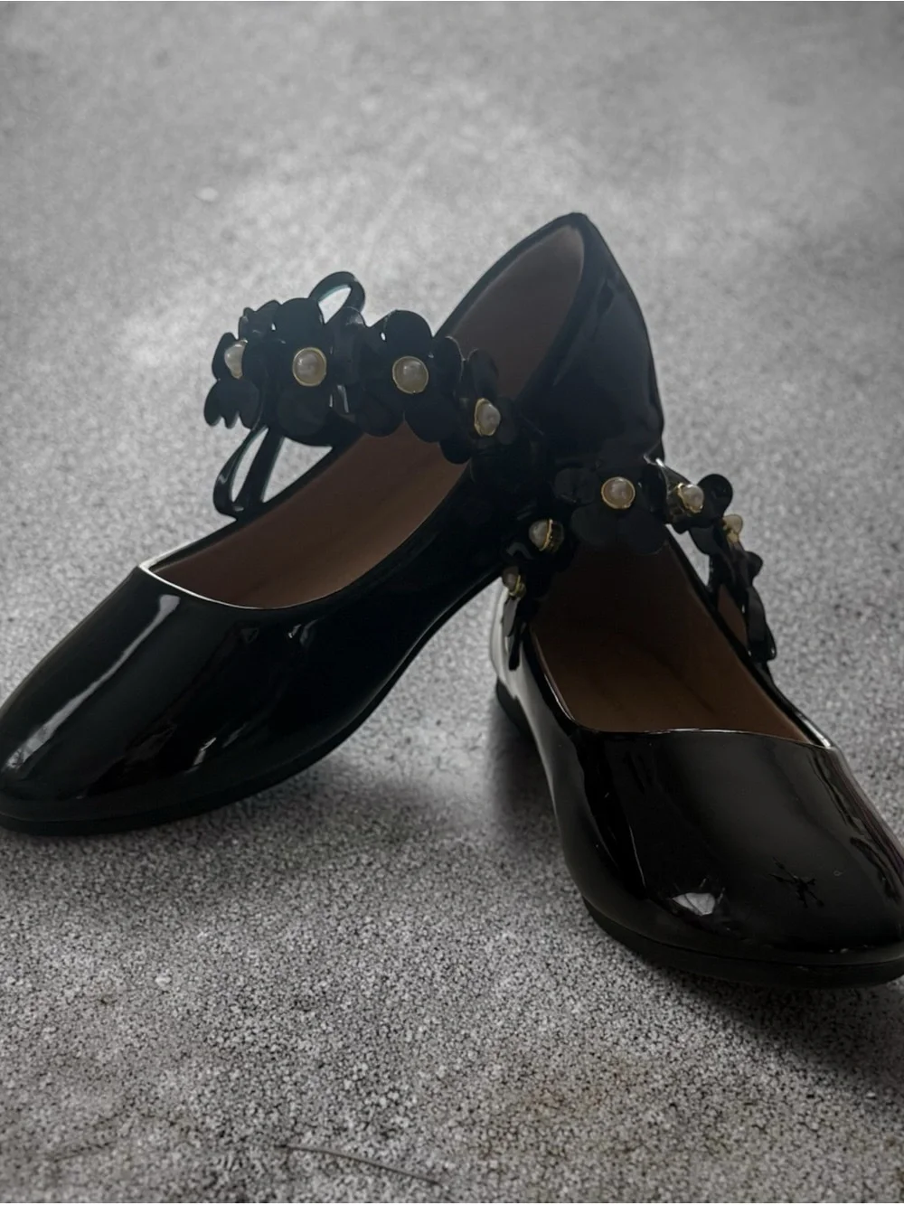 Black Patent Mary Jane Flats with Floral Pearl Strap